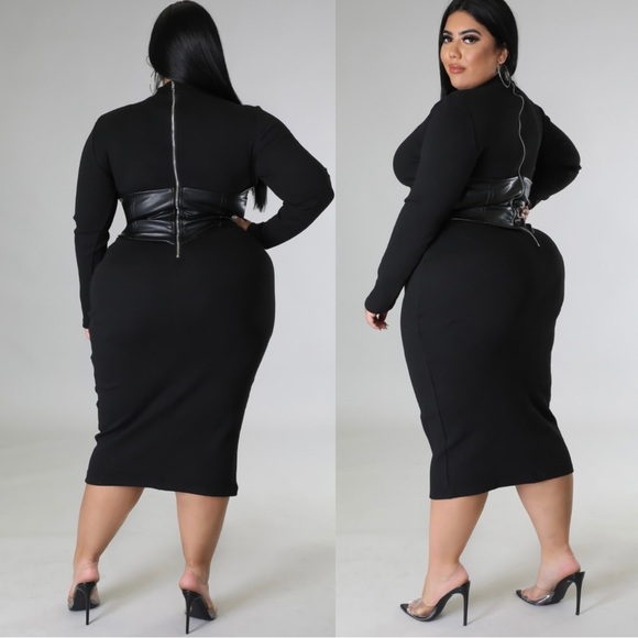 Chic Black Long Sleeve Midi Dress with Leather Corset - Picture 4 of 4
